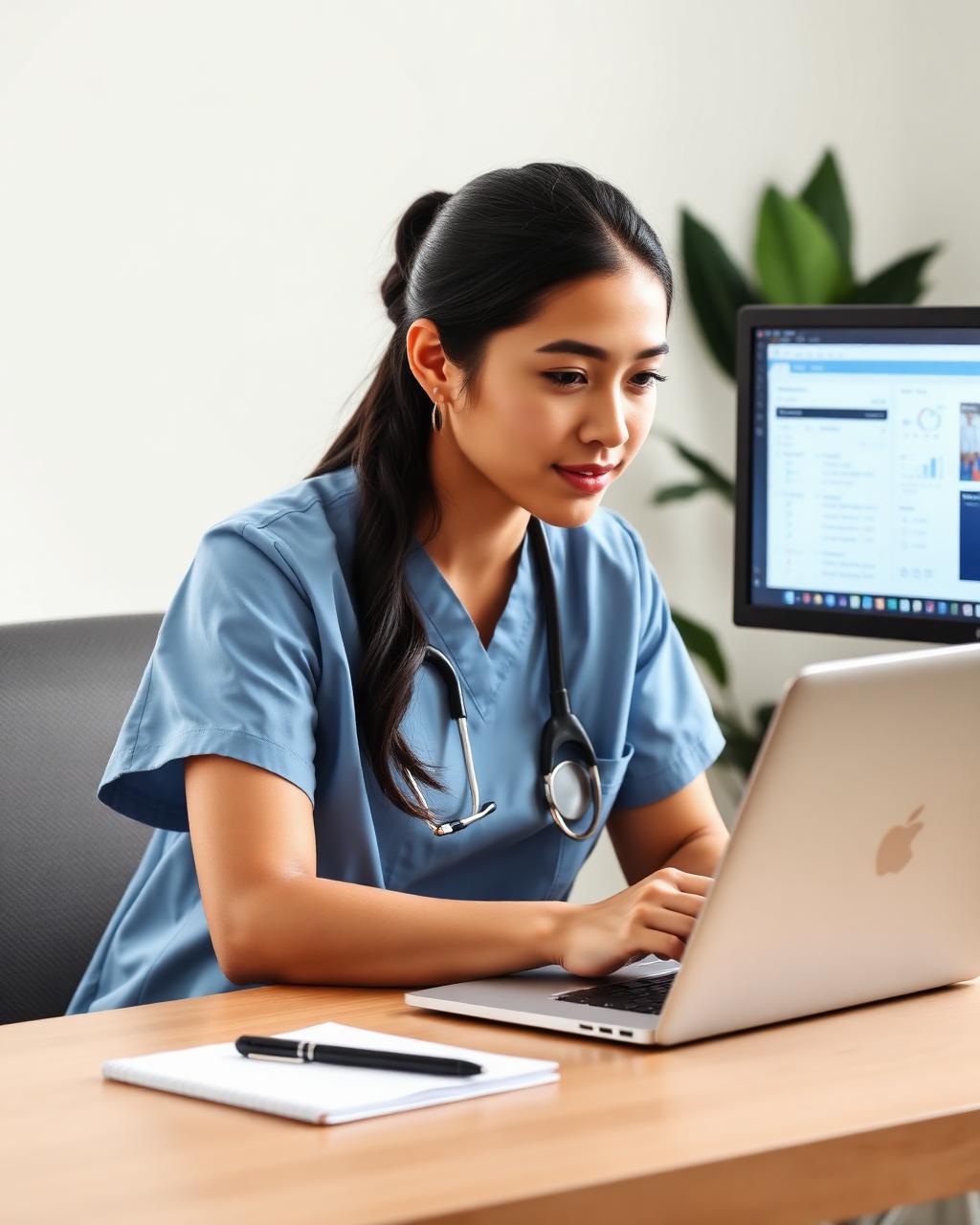 Filipina nurse working at desk with EHR